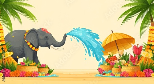 Wallpaper Mural Joyful Cartoon Elephant Spraying Water Amidst Tropical Festivities and Cultural Decorations Torontodigital.ca