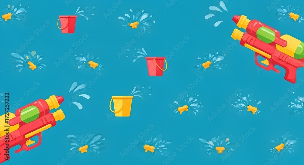 Vibrant Water Gun and Bucket Splash Seamless Pattern