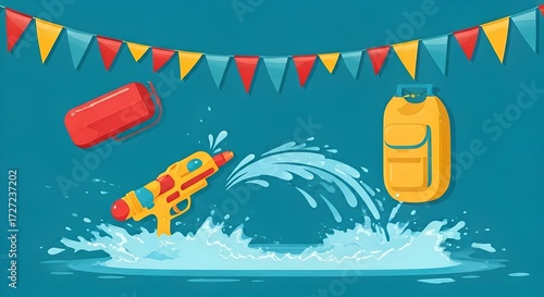 Wallpaper Mural Summer Water Fun Illustration: Water Gun, Splash, Inflatable Float, Dry Bag, and Festive Bunting on Blue Background Torontodigital.ca