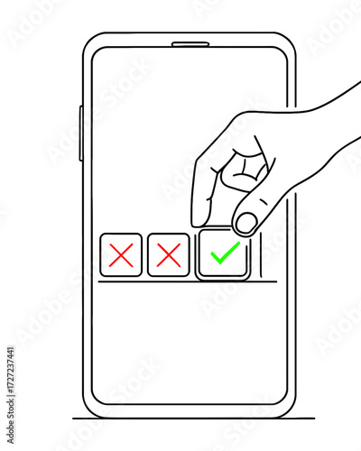 Clean outline vector illustration of a hand selecting the correct checkbox on a smartphone screen