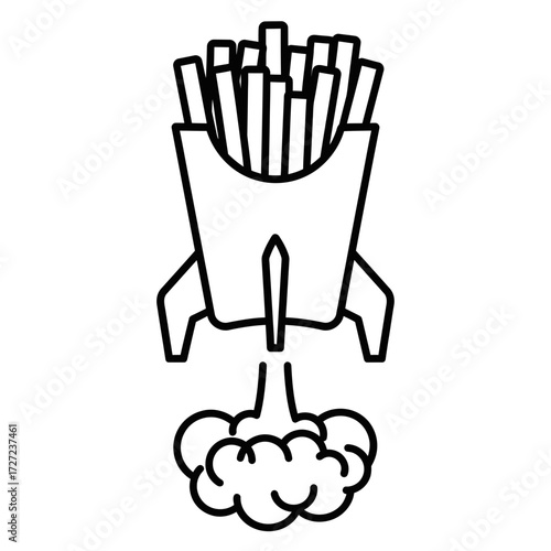 Rocket ship filled with french fries launching, a creative concept for fast food delivery outline vector art