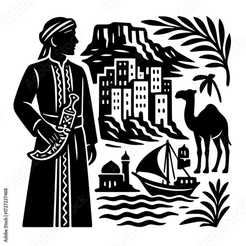 Yemeni Port City Traveler — Coastal Citadel, Boats & Caravan Camels (B/W Woodcut)