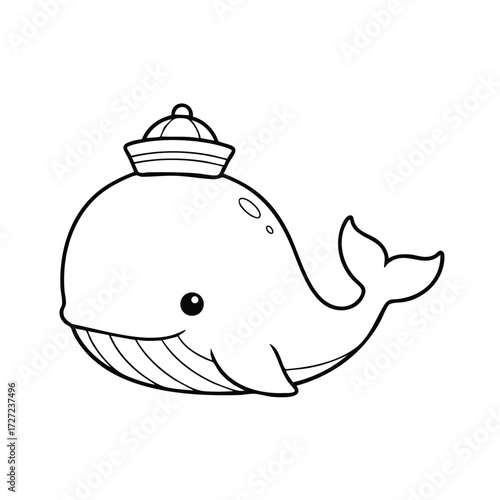 A whimsical cartoon whale wearing a sailor hat, swimming joyfully in a playful ocean environment.