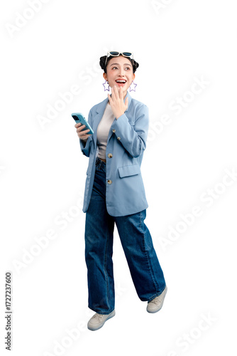 Full body Asian Woman looking up while holding a mobile phone on PNG