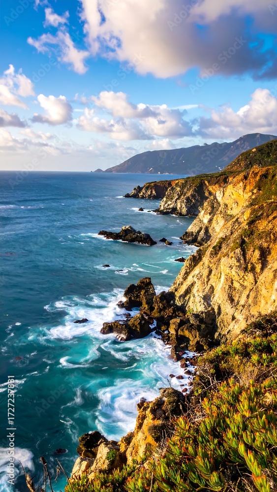 Fototapeta premium Dramatic coastal view; cliffs meet turquoise ocean under a partly cloudy sky