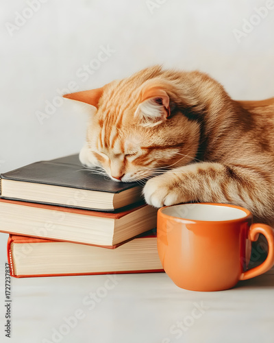Relaxing Ginger Cat Sleeping on Stack of Books Next to Cup of Tea on Cozy White Surface