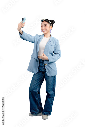 Full body Asian Woman taking a selfie and smiling on PNG