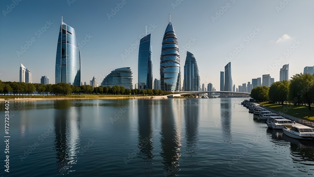 Fototapeta premium Futuristic Night Cityscape with Illuminated Tall Buildings