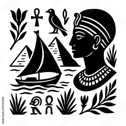 Ancient Egypt Nile Scene — Queen Profile, Sailboats, Pyramids & Ankh (B/W Woodcut)