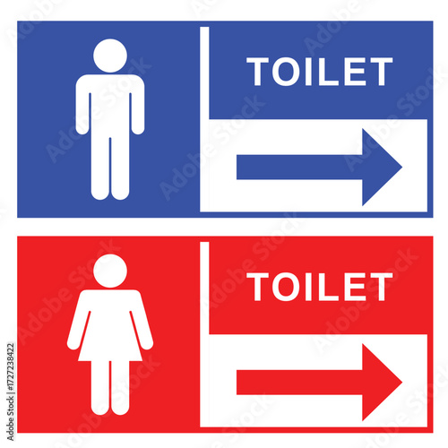 vector illustration of male and female toilet signs with arrows pointing to the right. blue and red background with simple human pictogram design