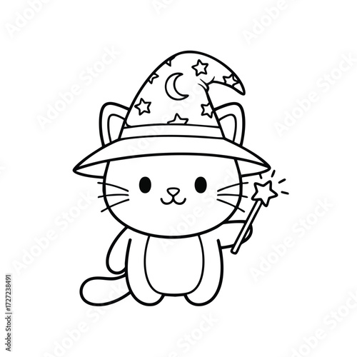 A whimsical cat wearing a magical wizard hat, holding a sparkling wand with a star at the tip, exuding charm.