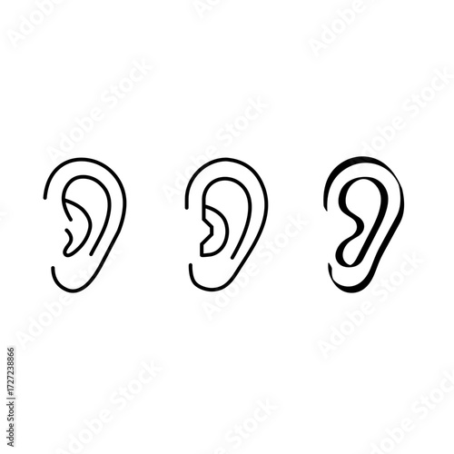 An illustration depicting a set of black icons of the human ear, the organ of hearing, on a white background.