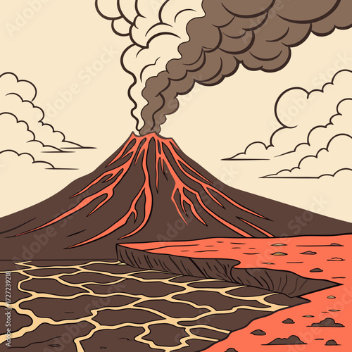 Volcano erupting with lava flow and smoke, set against a dramatic landscape