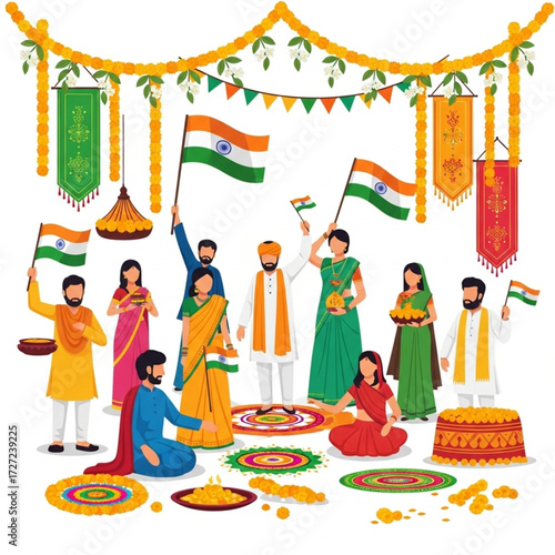 Colorful Indian Festival Celebration with Flags

