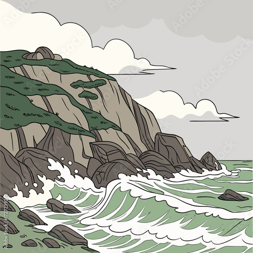 Seascape with rocky cliffs and crashing waves on a cloudy day illustration