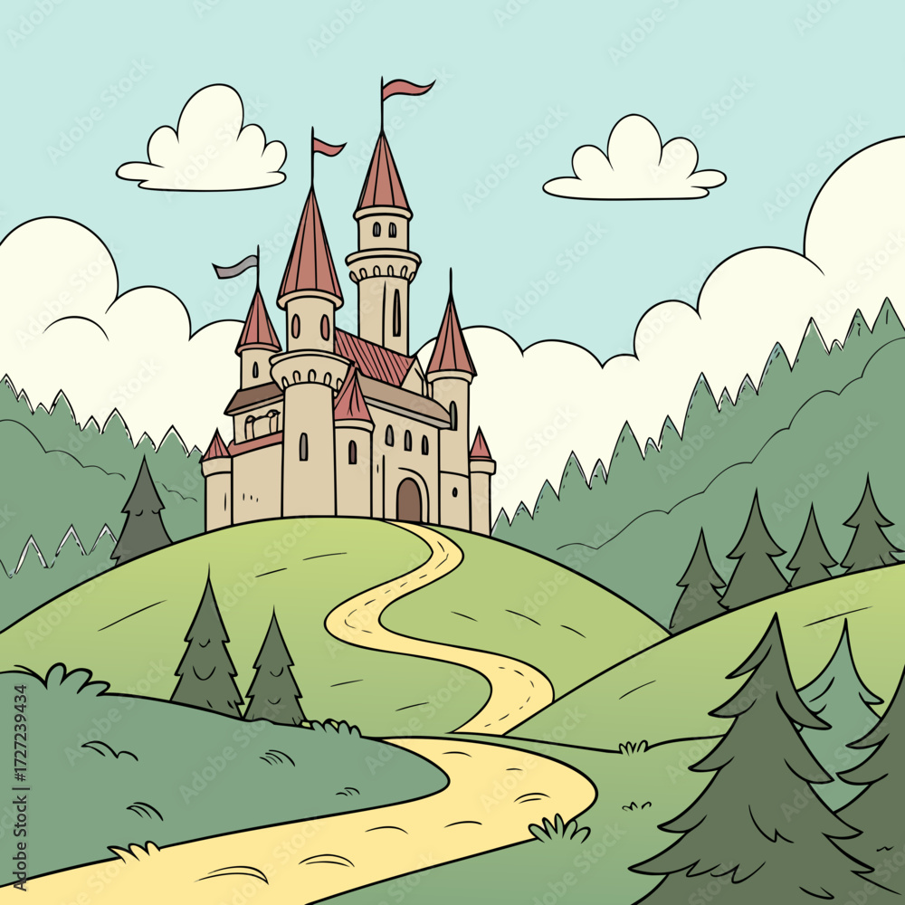 Naklejka premium Fairytale castle on a hill surrounded by forest, cartoon illustration