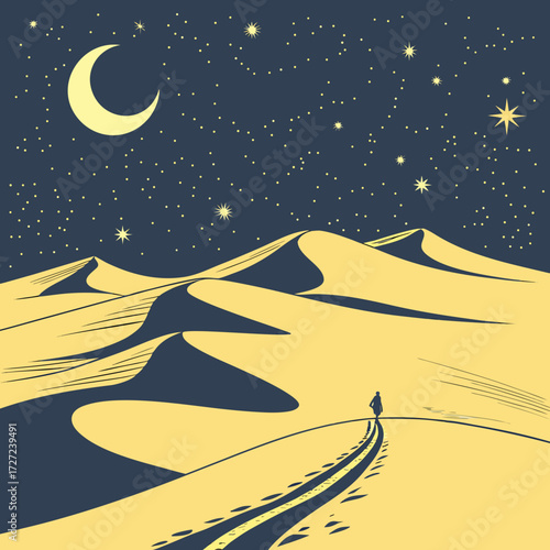 Desert landscape with a lone figure under a starry night sky illustration