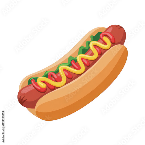 Cartoon hotdog with mustard and ketchup on transparent background