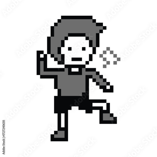 Cute cartoon pixel character cute man exercises training aerobic dance lifestyle music decoration life style 8 bit male boy dance background with music game 8bit fitness vector.