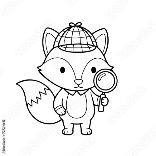 A cute fox character wearing a detective hat and holding a magnifying glass, ready for an adventure in exploration.