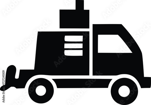Simple black silhouette icon of a moving truck with cargo box on top for transport and logistics services