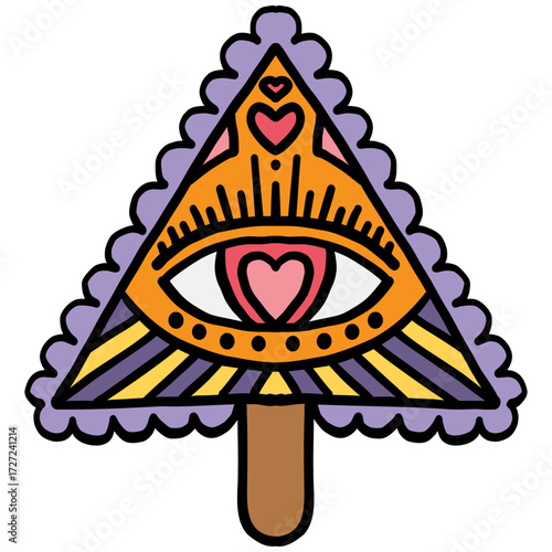 halloween Vibrant triangle ice cream with an eye and hearts design in doodle color line style