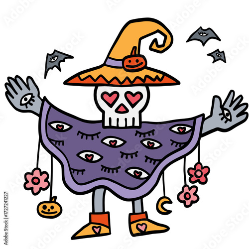 halloween Colorful skeleton in a witch hat and poncho. in doodle color line style