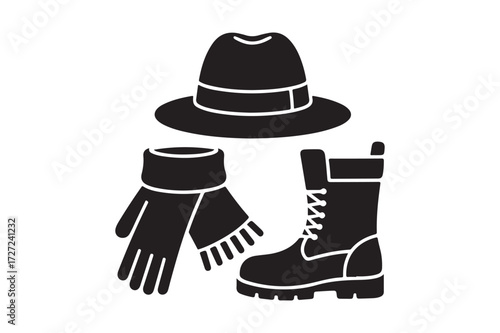 Winter clothing icons hat gloves and boots silhouette