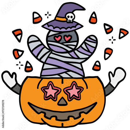 halloween Happy Halloween illustration with a cute mummy. in doodle color line style