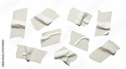 Set of wrinkled white adhesive tape pieces, vector illustration