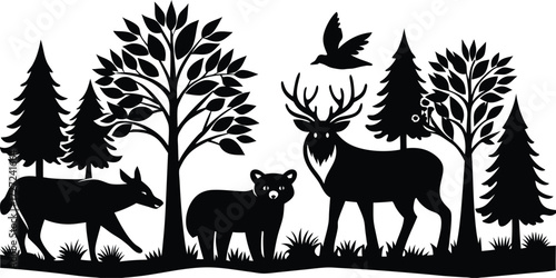 Silhouettes of deer in a forest wildlife illustration for World Animal Day