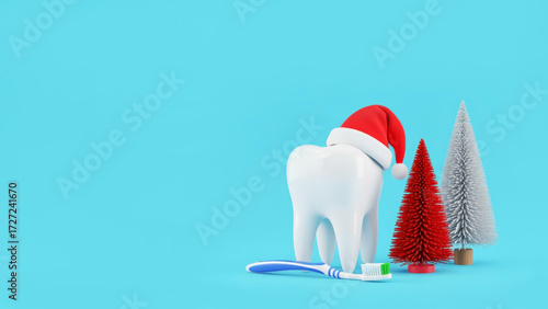 Holiday dental health concept with tooth in Santa hat, toothbrush, and Christmas trees, symbolizing festive dentistry, oral hygiene, and seasonal dental care.