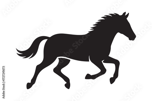 Silhouette of a powerful horse in motion against a white background