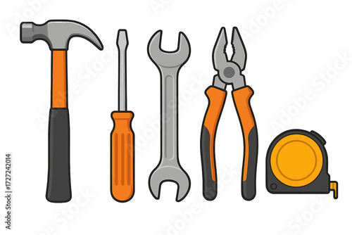 Assortment of essential construction and repair hand tools including hammer screwdriver wrench pliers tape measure