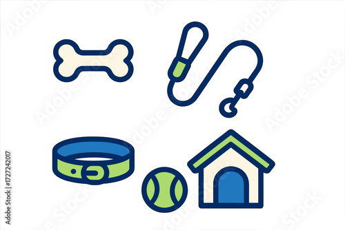 Collection of essential pet care items for dogs including bone, leash, collar, ball, and house