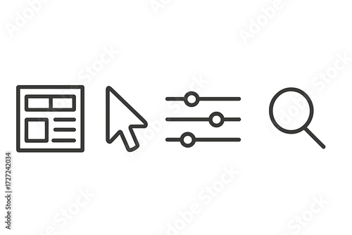 Modern user interface icons for web and mobile applications, layout, cursor, settings, and search