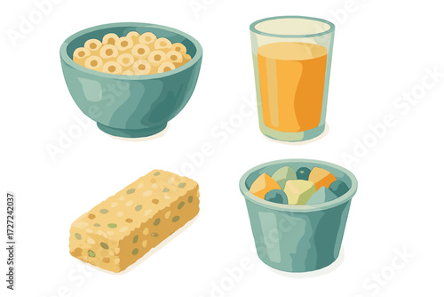 Nutritious morning meal selection with cereal, refreshing orange juice, wholesome granola bar, and colorful fruit salad