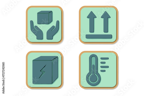 Comprehensive set of essential shipping and handling symbols for package care, logistics, and transportation instructions including fragile, orientation, and temperature warnings