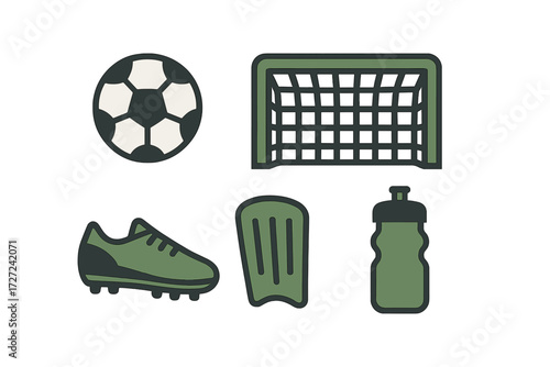 Essential soccer equipment collection featuring a football, goal, cleat, shin guard, and water bottle for athletic training