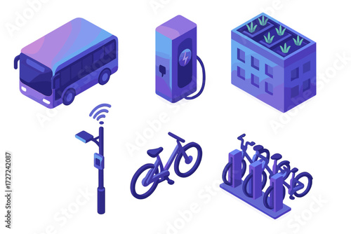Modern smart city urban infrastructure elements set featuring sustainable transportation, electric vehicle charging, and green building solutions