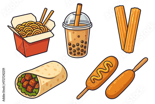 Variety of popular street food and takeaway snacks like chow mein, bubble tea, fried churros, savory wrap, and corn dogs