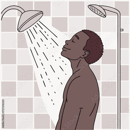 African Man Taking Shower in Bathroom – Hygiene and Self-Care Vector Illustration