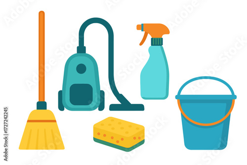 Collection of essential household cleaning tools and equipment for domestic chores and hygiene maintenance