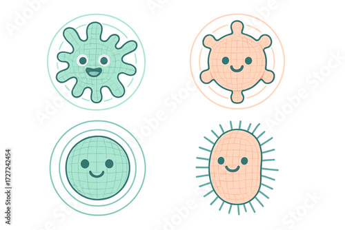 Diverse collection of adorable smiling microorganism and bacteria cell characters with happy faces and unique shapes for health concepts
