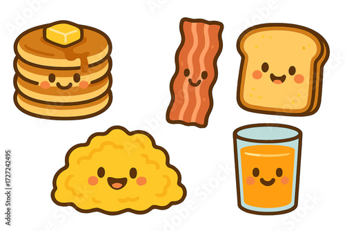 Cute cartoon breakfast food items set with happy faces including pancakes, bacon, toast, scrambled eggs, and orange juice