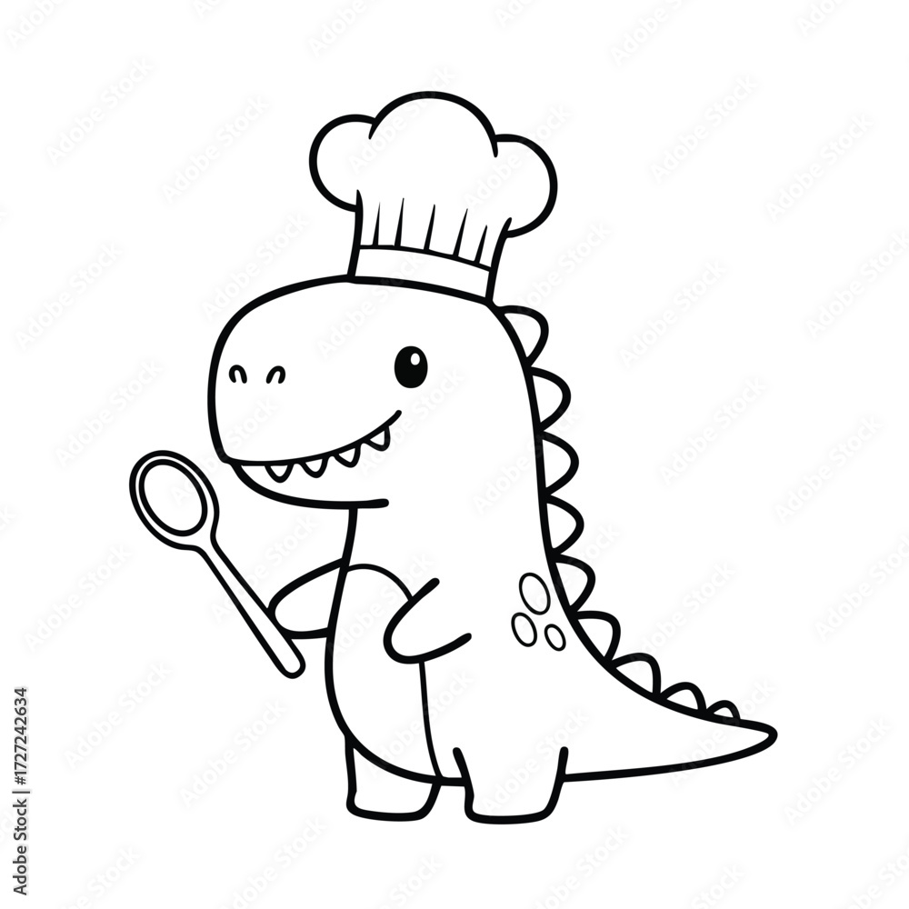 Fototapeta premium A cheerful dinosaur wearing a chef's hat holds a spoon, ready to cook in a playful kitchen setting.