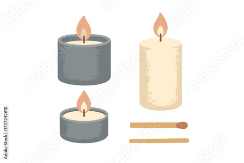 Collection of burning candles in various styles with wooden matches for a cozy and relaxing ambiance