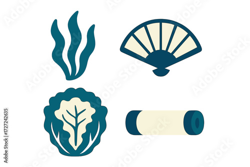 Stylized Asian cultural and natural elements featuring a traditional fan, flowing seaweed, fresh lettuce, and a rolled mat