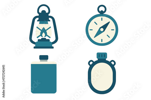 Outdoor adventure gear set with vintage lantern, directional compass, and hydration flasks for exploration