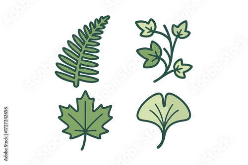 Diverse collection of green botanical leaves including fern frond, ivy branch, maple leaf, and ginkgo designs, perfect for nature themes